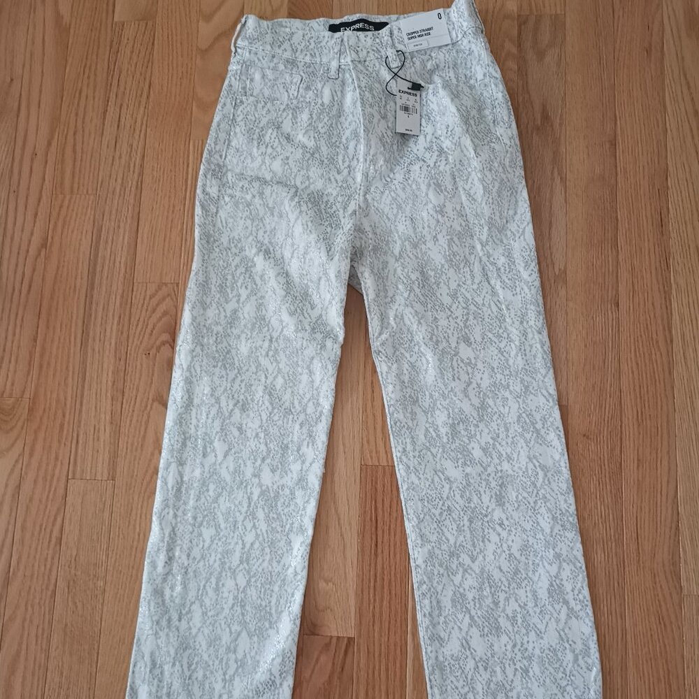 NWT Women Express Cropped Straight pants super high rise stretch METALLIC Size 0